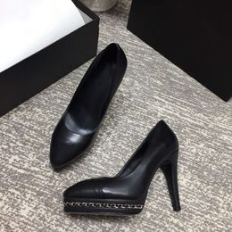New Fashion Office Lady Work Shoes Women Pumps Round Toe Classic Black Colour Original Genuine Leather High-heeled Chain Women Business Dress Shoes 41