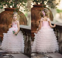 Lovely Pink Cake Dress Flower Girls Dresses Spaghetti Straps Tiered Tulle First Communion Dresses Princess Kids Party Dresses Custom L53