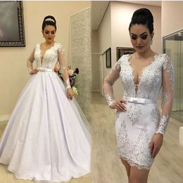 Modern Two Piece Garden Wedding Dresses Sexy Sheer Deep V Neck Long Sleeves Lace Appliques Bow Sashes Bridal Gowns Detachable Skirt