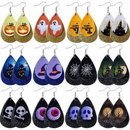 Halloween Skull Leather Earrings for Women Pumpkin Print Drop Dangle Earring Wholesale Jewelry Epacket Free Ship