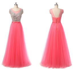 2021 Coral Tulle Bridesmaid Prom Dresses Lace-up Scoop Beaded Ribbon Bow Open Back Dress Evening Wear robes de bal Gowns Formal Party Cheap