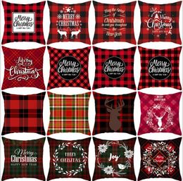 2020 Christmas Pillow Covers Red Plaid Elk Throw Pillow Case Square Sofa Pillowcase Plaid Printing Couch Cushion Cover Christmas Decor