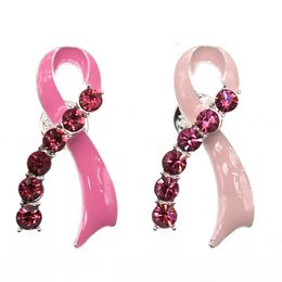 Silver Tone Rhinestone Crystal Pink Enamel Ribbon Bow Brooches Breast Cancer Awareness Brooch Pins For Women