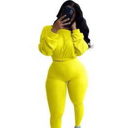 Women Two Piece Pants Set Long Sleeve O-neck Ribbed Sports Casual Outfits Ladies Crop Tops and Pants Suit Female Autumn Clothes