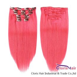 Pure Pink Straight Clips In On Extensions 100% Real Human Hair Brazilian Remy Colored Weave Clip Ins Thick End 70g 100g 120g Set Reliable Vendor