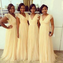 Yellow Bridesmaid Dresses V Neck Floor Length Tulle Ruched Short Cap Sleeves Custom Made Plus Size Maid Of Honor Gowns 403
