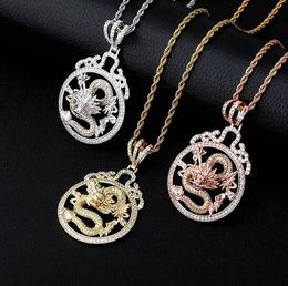 14K Gold Plated Copper Zirconia Dragon Round Pendant Chain Hip-hop Jewelry For Men with 3mm 24inch Rope Chain