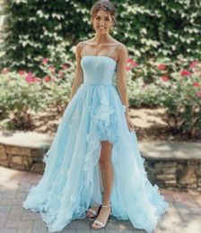 Pretty Hand Made Flowers Light Sky Blue Prom Dresses A Line Spaghetti Straps 3D Floral Appliques Party Dress Long Evening Formal Gowns