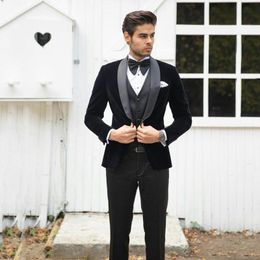 Popular One Button Black Velvet Groom Tuxedos Shawl Lapel Groomsmen Mens Suits Wedding/Prom/Dinner Blazer (Jacket+Pants+Vest+Tie) K546