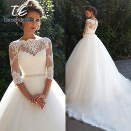 Bateau Ball Gown Wedding Dresses Three Quarter Sleeves Illusion Back Beading Waist Court Train Bridal Dress with Back Buttons