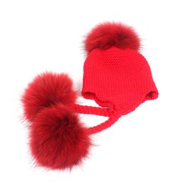 Baby Kids Real Fur Bobble Hat 3 Real Raccoon Girls Boy Caps Lovely Cute Chirstmas New Year Gift For 1-6Years Kids Fur Hat