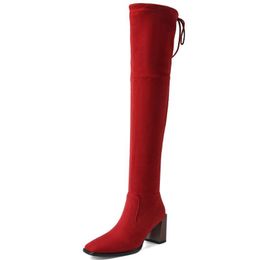 Hot Sale Big Size 43 women shoes Casual Over-the-knee Boots Square Toe Stange Style Heels Lace-Up Side Zip Boots