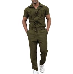 Summer Zipper Jumpsuit Streetwear Male Tracksuits Short Sleeve Solid Color Cargo Pants Set Jumpsuits Overalls M-2XL