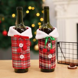 NEW 100pcs Christmas decoration red wine cover bow Cheque imitation linen clothes wine bottle cover holiday layout T500203