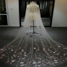 Real Image Best Selling Chic Wedding Veils Hand Made Flower Long Veils Lace Applique Crystals Two Layers Cathedral Length Cheap Bridal Veil