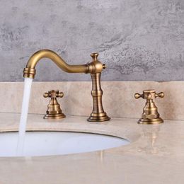 Vintage Widespread Bathroom Sink Faucet 3 Hole Deck Mounted Dual Handle Hot Cold Water Mixer Tap Brush Nickel Chrome Finished