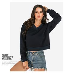 Autumn Winter Women Thick Hoodies Solid Color V-neck Long Sleeves Short Velvet Warm Sweatshirts