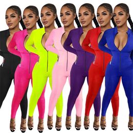 Women solid color Jumpsuits sexy skinny rompers casual zipper onesie long sleeve bodysuits fall winter clothes bodycon one piece pants 3820