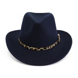 Adult Ethnic Wind Cowboy Hat Wide Sombrero Roll Brim Panama Wool Felt Jazz Fedora Hats with Leopard Grain Belt Buckle