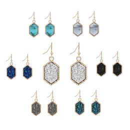 Hot Selling Druzy Stud Earrings Fashion Silver Gold 12mm Bling Hexago Resin stone Dangle Earrings For Women Girls