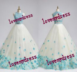 Aqua Blue 2 Piece Sweet 16 Dresses Ball Gown Prom 2023 3D Floral Flowers Lace Beads Jewel Neckline Keyhole Backless Vestidos De Quinceanera