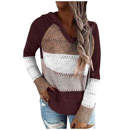 Fashion Women Knitted Sweaters Hooded Patchwork V-Neck Long Sleeve Tops Casual Loose Lightweight Pullovers Sweatshirts Plus Size