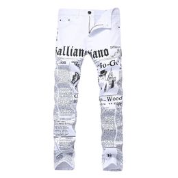 Men's Jeans Men Straight Slim Fit Skinny White Colour Pants Letter Printed Fashion Male Denim Trousers Drop