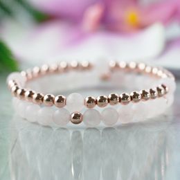 MG0962 6 mm Polished Rose Quartz Rose Gold Colour Bead Bracelet Set Pink Gem stone Bracelet Dainty Healing Crystals Bracelet