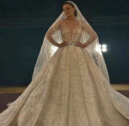 Luxury Ball Gown Wedding Dresses 2020 Long Sleeves Lace Beads Sequins Bridal Gowns robe de mariée Plus Size Arabic Church Wedding Dress
