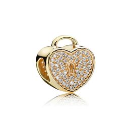 NEW 100% 925 Sterling Silver 1:1 Authentic 750833CZ GOLD HEART LOCK CHARM Beaded DIY Bracelet Original Women Jewellery Gift