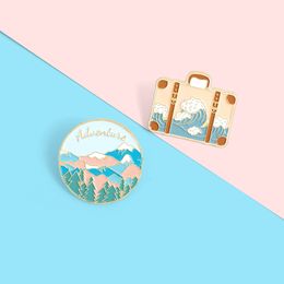 Japanese style cute cartoon suitcase sea waves snow mountain round pin badge brooch