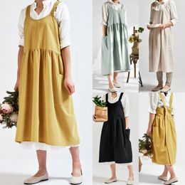 Women Cotton Linen Bib Apron Sleeveless Pinafore Home Cooking Florist Dress
