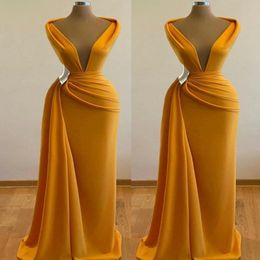Sexy Deep V Neck Orange Prom Dresses Long Pleats Satin Mermaid Evening Dress robe de soiree 2021 Yong Girls Formal Gowns