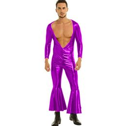 18 Colours Men Shiny Faux Leather Catsuit Deep V-neck Long Sleeve Bodysuit Sexy Flared Jumpsuit Carnival Clown Cosplay Costume