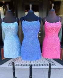 Lavender Lace Homecoming Dress 2020 Sheath Spaghetti Neckline Short Prom Gowns Lace-Up Back Cocktail Party Formal Event Sweet 16 Blue