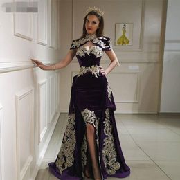 dark purple High Neck Mermaid 3 Pieces Evening Dresses with Overskirt Velour Gold Lace Formal Dress vestido de noiva Algerian Outfit