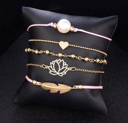 Bohemian 5pcs/set Leaves Heart Love Lotus Pearl Bracelet Chain Woven Multilayer Bracelet Set Women Fashion Gold Jewelry Epacket free