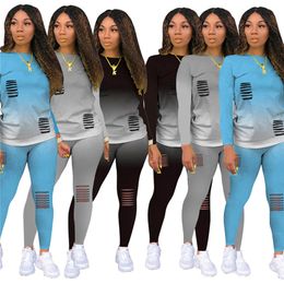 Plus size Women fall winte ripped holes outfits long sleeve sweatshirt+pants gradient two piece set 2XL tracksuits casual jogging suit 3767