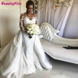 Vintage Crochet Lace Mermaid Wedding Dresses Luxury Dubai Arabic Illusion Long Sleeves 2 In 1 Wedding Gowns 2020 Plus Size