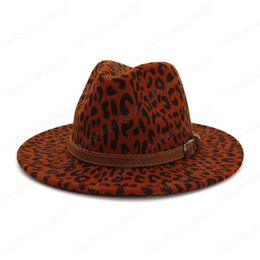 Trendy Big Unisex Flat Brim Wool Felt Jazz Fedora Hat Winter Autumn Leopard Print Wide Brim Formal Top Cap for Party