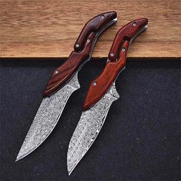 Top Quality Damascus Mechanical Folding Knife VG10 Damascus Steel Drop Point Blade Rosewood Handle EDC Pocket Knives