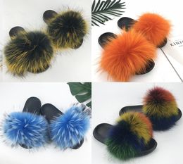 New ins lovely cute stylish 40 colors fashion casual real fur flat sandles slides slippers for women men girls