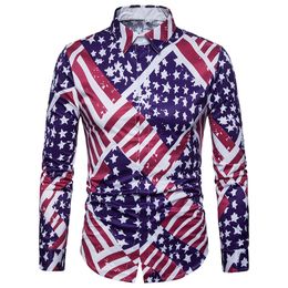 Men Casual Shirts for Party Activity Long Sleeves American Flag Design Digital Printed Stars and Stripes Turn Down Collar Loose Blouse 3XL