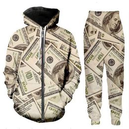 Release New Men/Womens Money Pattern Dollars Funny 3D Print Fashion Tracksuits Pants + Long Sleeve Zipper Hoodie Casual Sportswear L01