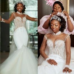 2021 Arabic Aso Ebi Mermaid Wedding Dresses Long Sleeves Lace Beaded Bridal Gowns Sheer Plus Size Wedding Dress