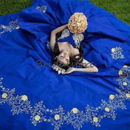 Royal Blue Quinceanera Dresses Mexican 2020 Sweetheart Ball Gown Prom Dresses With Gold Appliques Corset Top Sweet 16 Prom Dress v314O