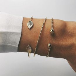 Miss JQ 3 Pcs/ Set Fashion Brief Cuff Bracelets Gold Colour Leaves Symmetry Pattern Adjustable Bangles For Women Party Jewellery