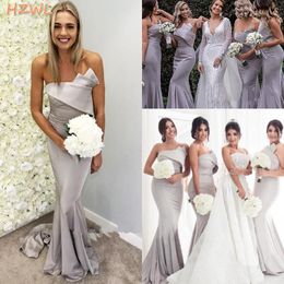 Silver Strapless Mermaid Bridesmaid Dresses 2021 Ruched Satin Long Maid Of Honor Gowns Cheap Wedding Guest Dress