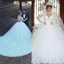 2020 Vestido De Noiva Long Sleeve Lace V Neck Wedding Dress Modern Arabic Elegant Bridal Gown With Real Pictures