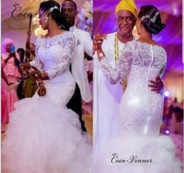 Boat Neck Tassle Tail Tiered Mermaid Wedding Dresses Africa New 2020 Long Sleeve Crystal Beading Lace Wedding Dress W0475